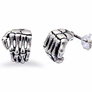 Mens Sterling Silver .925 Skeleton Hands Stud Earrings